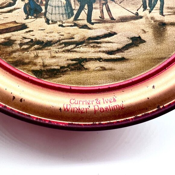 Vintage Currier & Ives Winter Pastime Decorative Tin Red Gold Round Storage - Picture 2 of 9